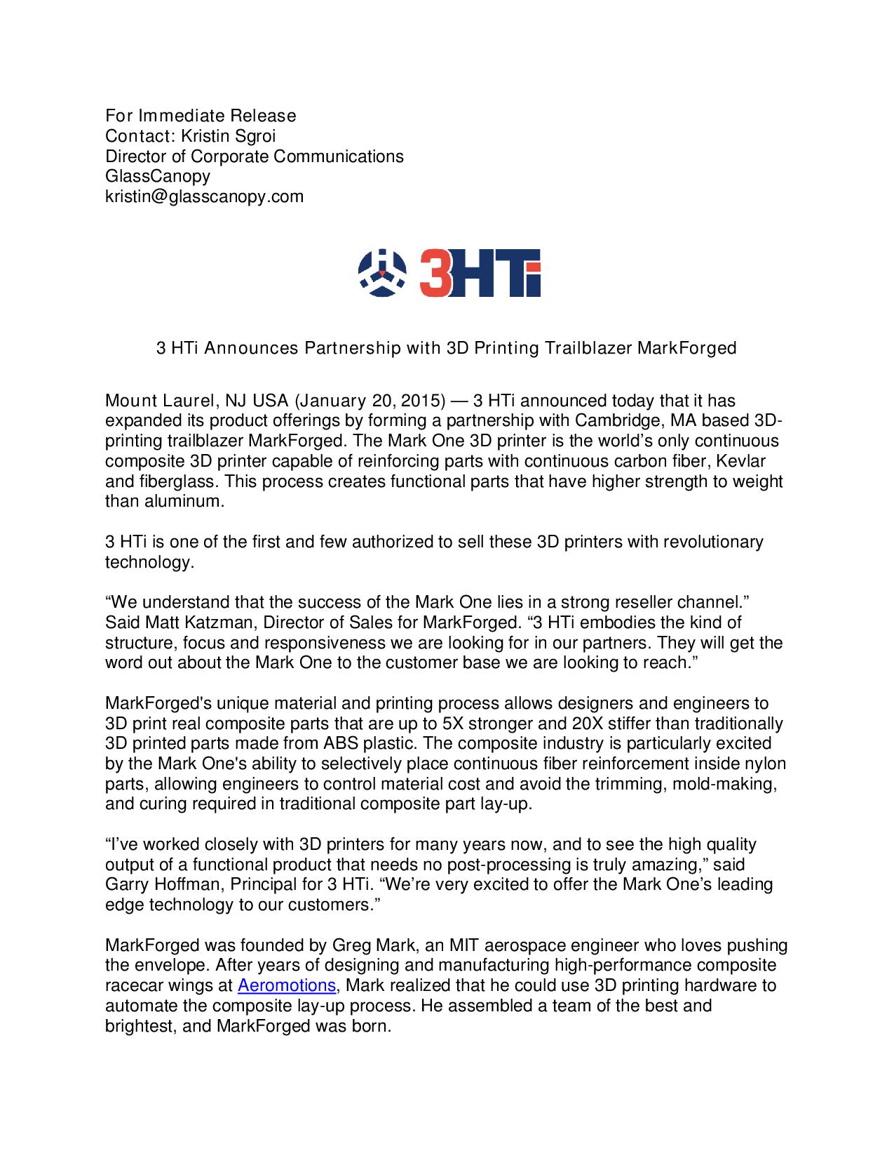 3 HTi  Announces Partnership with 3D Printing Trailblazer MarkForged