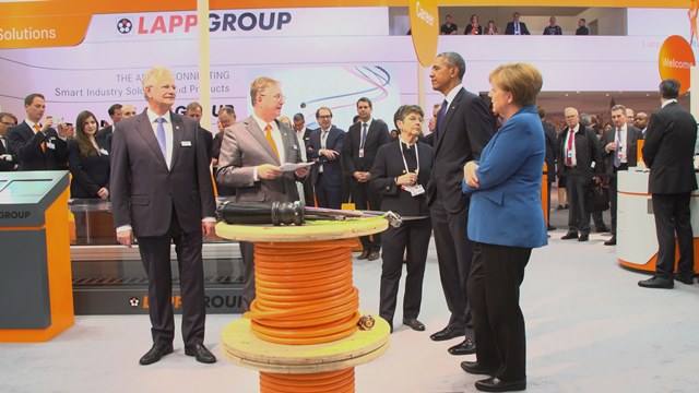 President Barack Obama and German Chancellor Angela Merkel Visit Lapp’s Booth at Hanover Trade Fair