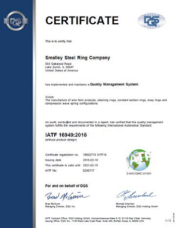 Smalley attains IATF 16949:2016 Certification Upgraded from ISO/TS 16949:2009